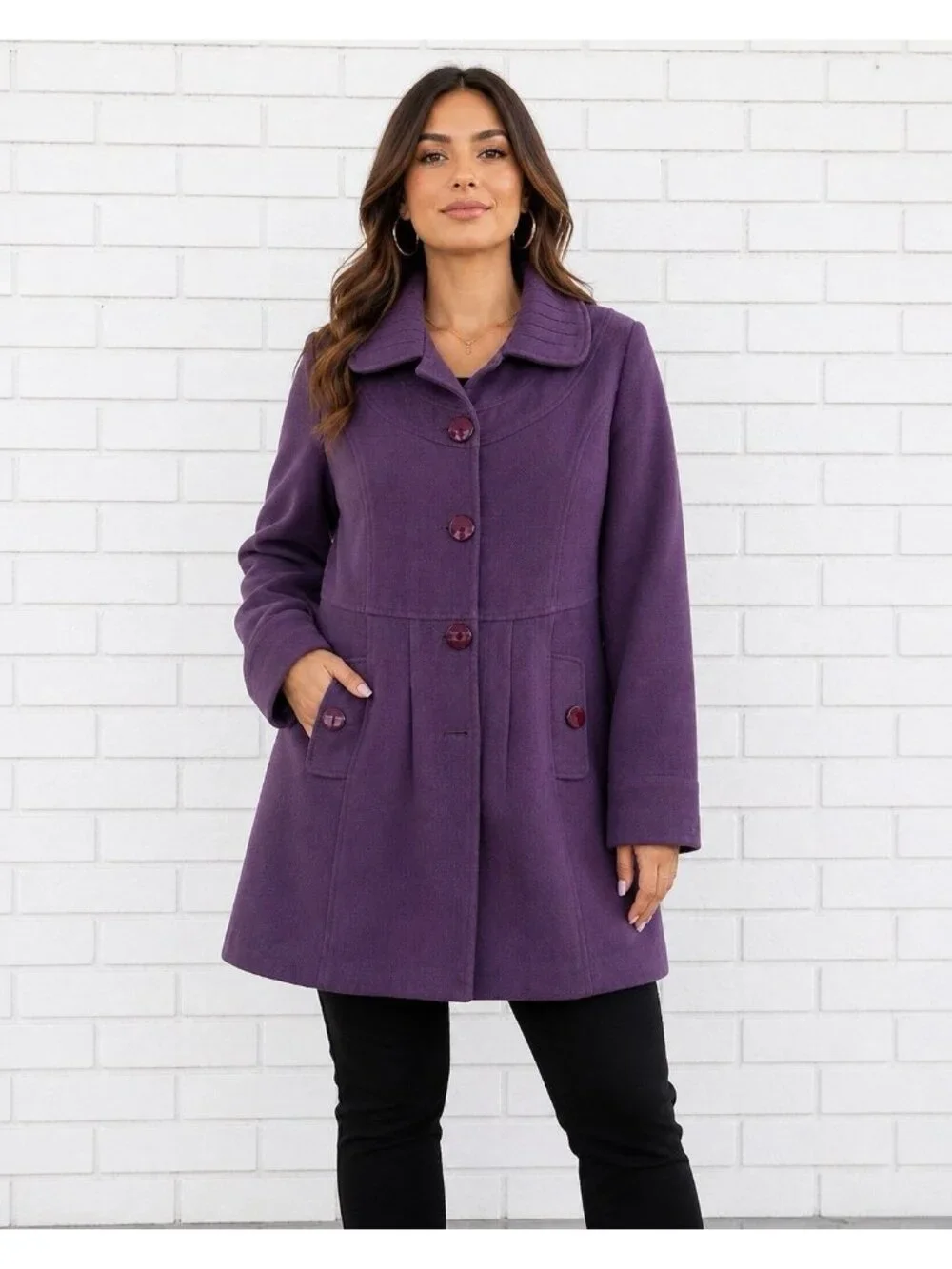 Womens Wool Blend Dress Coat Purple L Shawl Collar Button Front Lined Queens